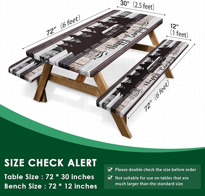 Picnic Table Cover with Bench Covers Elastic Edges, Grey Camper Fitted Table Cover, Outdoor Patio Camping Essentials 72 Inch 3PCS, Waterproof Camping Fitted Tablecloth with Drawstring Bag