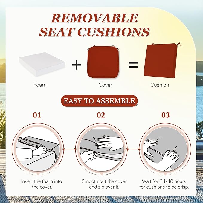 Waterproof Outdoor Chair Cushions Set of 2, Square Outdoor Seat Cushions with Ties and Removable Covers, 24 x 24 Outdoor Cushions for Patio Furniture with Portable Handle(Rust)