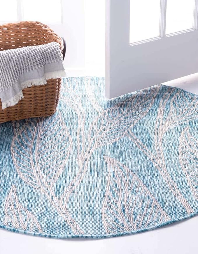 Unique Loom Outdoor Botanical Collection Area Rug - Leaf (13' Round, Light Aqua/ Ivory)