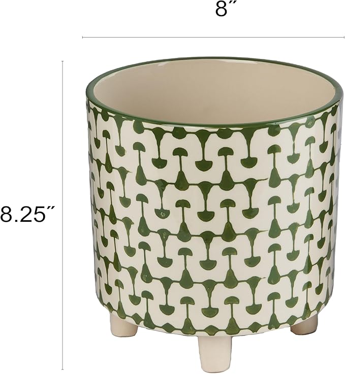 Creative Co-Op Footed Stoneware Planter with Abstract Print, Green and White
