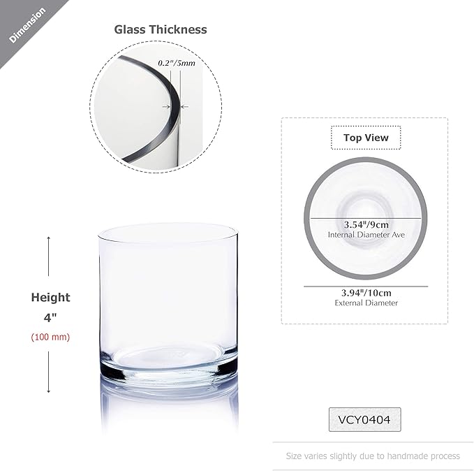 WGVI Thick Quality Weighted Clear Right Cylinder Glass Vases, 4"W x 4"H, Equilateral Cylinder, Votive Candle Holders, Terrarium Planter, Storage Container Pen Brush Holder, Bulk Wholesale, 12 Pieces
