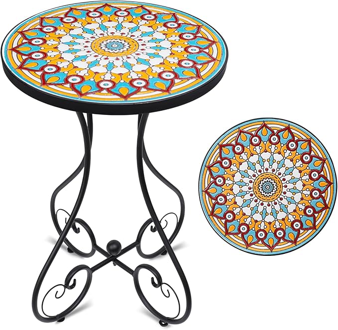 VCUTEKA Mosaic Outdoor Side Table, Round Rustproof Patio Table with 14" Ceramic Tile Top, Indoor Porch Accent Table for Yard, Garden, Living Room, Bistro Balcony