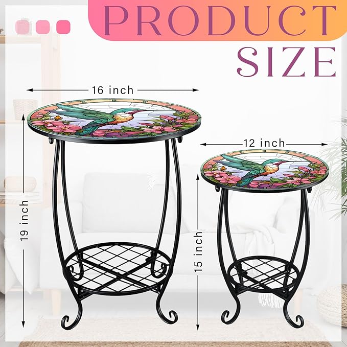 2 Pcs Outdoor Side Table Small Patio Round Mosaic Accent Indoor End Table Plant Metal Coffee Tea Tables for Patio Yard Porch Garden Living Room(12" and 16",Hummingbird Style)