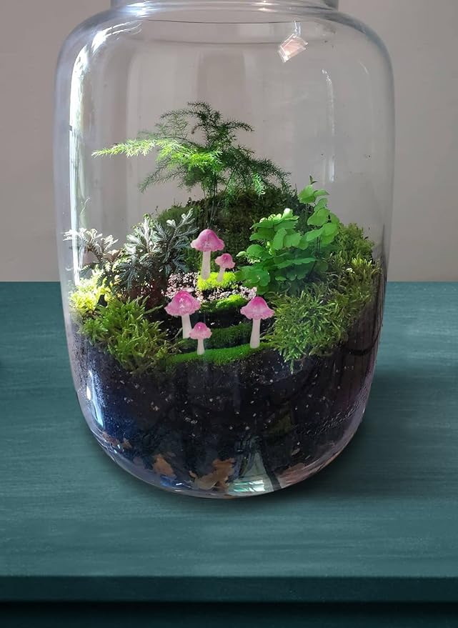 Mini Mushroom Figurines, Tiny Mushrooms Miniature Mushrooms Fairy Garden Accessories Terrarium Decor Micro Resin Mushroom Fairy Garden Decor Mushrooms with Stakes Translucent Pink 5PCs