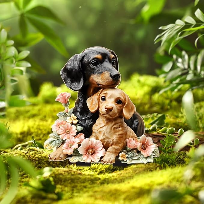 Garden Stake Decor, Acrylic 2D Flat Animal Statue, Fairy Sculptures Ornament Indoor Outdoor Yard Lawn Pot Plant Decorative Accessories (Two-Dogs)