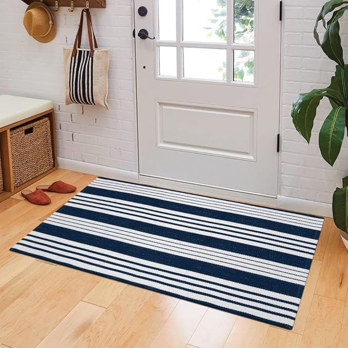 OJIA Outdoor Entryway Rug 24''x51'', Machine Washable Front Door Mats Cotton Woven Blue and White Outdoor Rugs Porch Rug Striped Kitchen Runner Indoor Door Mat for Farmhouse/Entry/Home Entrance