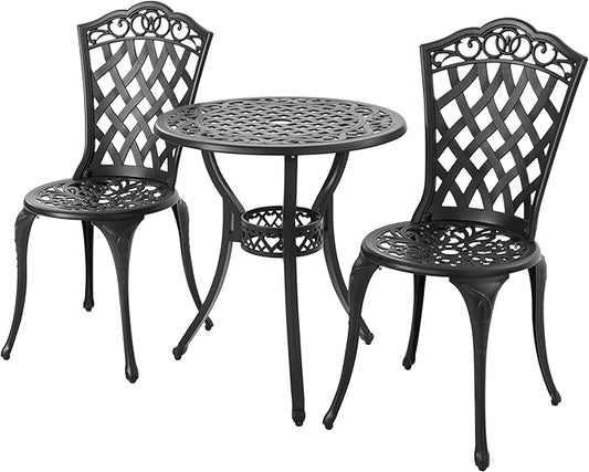 NUU GARDEN 3-Piece Patio Bistro Set Outdoor Cast Aluminum Bistro Table and Chairs Set of 2, Outdoor Patio Bistro Set with Umbrella Hole for Patio Balcony, Black