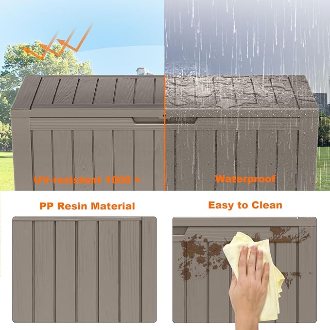 86 Gallon Outdoor Deck Box, Lockable Waterproof Outdoor Storage Boxes For Garden Tools,Indoor Cushions,Accessories Outside Storage Resin Weatherproof Container(Grey)