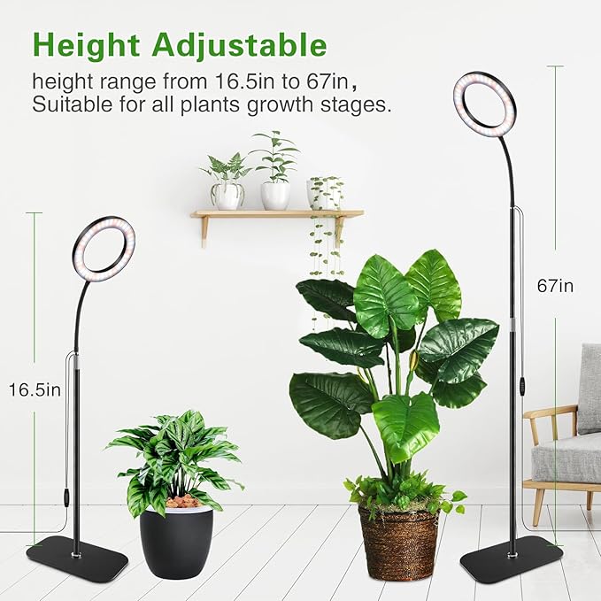 Full Spectrum Grow Light with Stand for Indoor Plants, Floor Plant Light, 3/9/12H Timer, 3 Color Modes, Adjustable Height 16.5–67in, for Large Plants & Home Décor(1 Head)