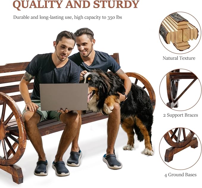 VINGLI Outdoor Rustic Wooden Bench with Wagon Wheel Arms, 3 People Outdoor Bench Garden Bench Front Porch Furniture Patio Lawn Yard Park, Indoor and Ourdoor Decor
