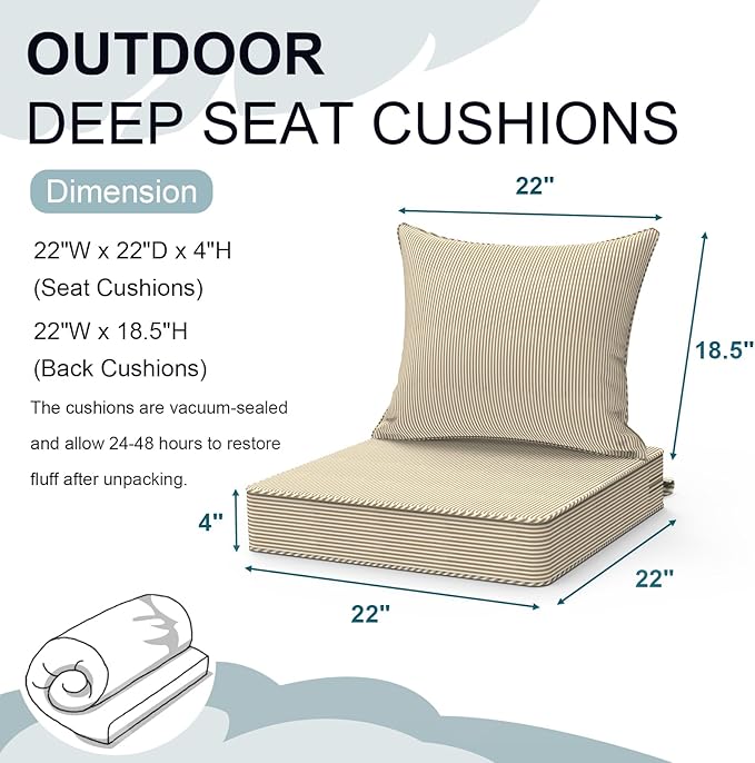 Outdoor Deep Seat Cushion Set, Water Repellent 22"x22" Patio Thick Cushions Replacement with Seat & Back Pillow for Patio Sofa, Wicker Chair, Couch - Stripe Beige