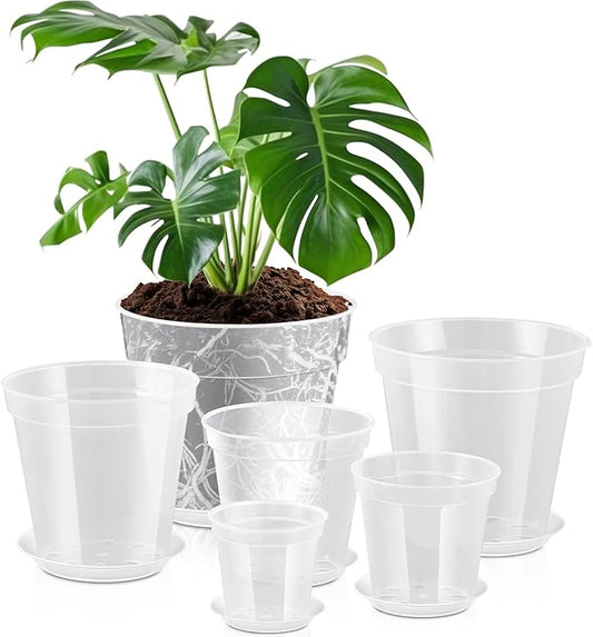 Vesici 6 Sets 4/5/6/7/8/9 Inch Clear Nursery Pots with Saucer Pack Variety Plastic Clear Plant Pots with Tray Drainage Hole for Indoor Plants Flowers Garden
