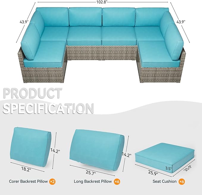 Patio Cushions for Outdoor Furniture,Water-Resistant Outdoor Cushions for 6 Seat Outdoor Sectinal,25.3"×25.3" Deep Seat Sofa Cushions, 14-Piece Outdoor Couch Cushions,Lake Blue