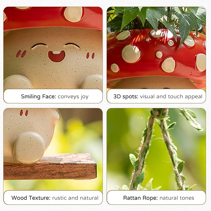 Mushroom Decor for Outdoor Garden: Gardening Plant Gifts for Women Mother Plant Lovers - 3.9inch Opening Cute Smiley Hanging Planter Pot with Drainage