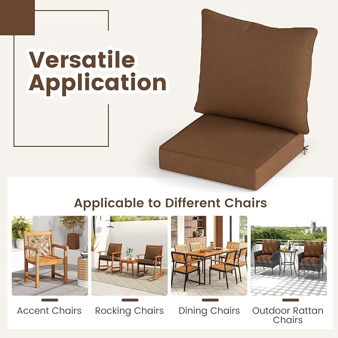 Giantex Patio Cushion Set, Outdoor Chair Seat Pads w/Non-Slip Rope Belts, Detachable Patio Furniture Cushions, Thick Seat Cushion & Back Cushion for Living Room Floor Sofa Patio Garden Chair (Brown)