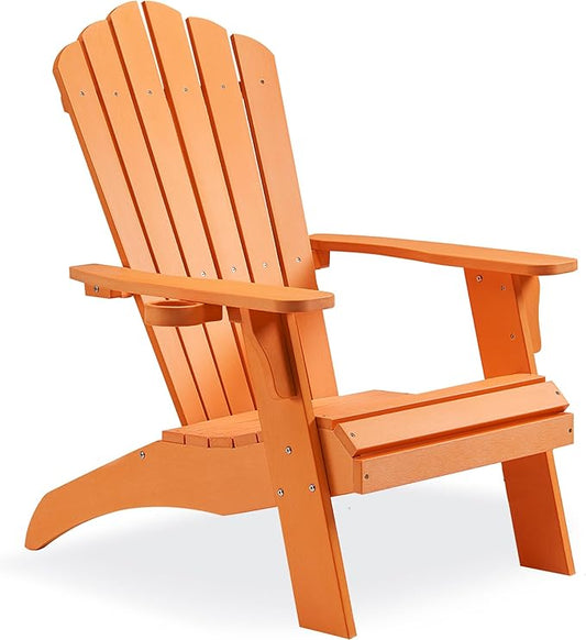 Psilvam Adirondack Chair, Oversized Poly Lumber Fire Pit Chair with Cup Holder, 350Lbs Support Patio Chairs for Garden, Weather Resistant Outdoors Seating, Relaxing Gift for Father & Mother (Orange)