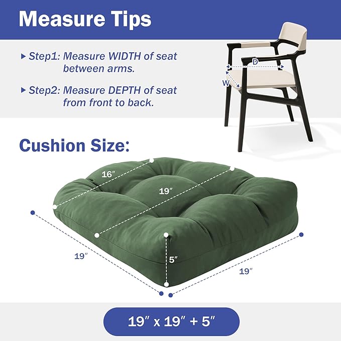 Outdoor Chair Cushions Set of 2, Patio Chair Cushions with Ties, 19x19+5” Tufted Outdoor Seat Cushions, Waterproof Patio Furniture Cushions, Outdoor Dining Chair Pads, Forest Green (Pack of 2)