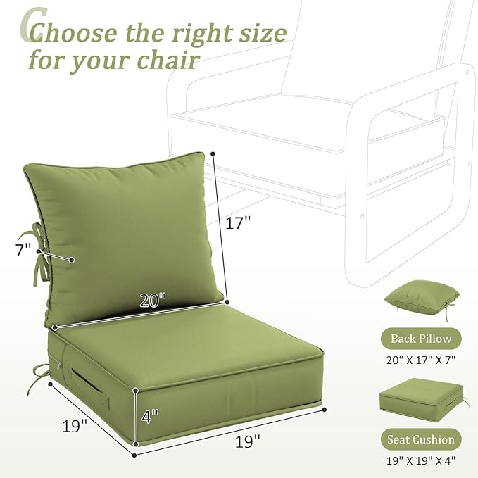 Outdoor Patio Chair Cushions Set 19 L X 19 W X 4 H Inch Waterproof & Fade Resistant Deep Seat and Back Cushions with Removable Covers Outdoor Seat Cushion Set for Chairs and Sofas