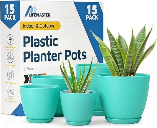 Aqua Plant Pots with Drainage Holes & Saucers 15 Pack, Indoor & Outdoor Stackable Space-Saving Planters for Houseplants & Flowers, (7", 6.7", 6", 5.3", and 4.8" Inches), Durable & Weatherproof