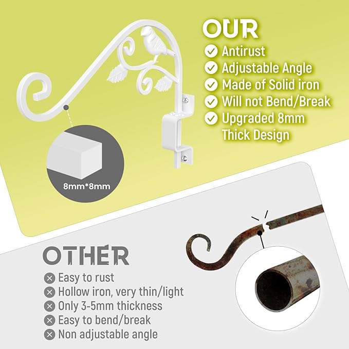 Outdoor Plant Hangers, 2 Pack 15.15 inch Swivel Plant Hooks for Wall Sturdy Wrought Iron Plant Hangers Outdoor, Hanging Plant Bracket Heavy Duty for Bird Feeders, Planters, Lanterns, Wind Chime,White