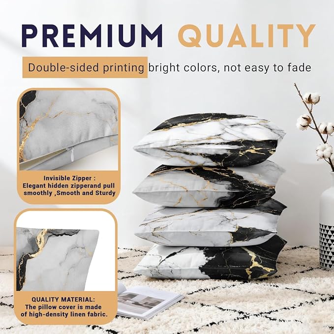 Marble Pillow Covers 18x18 inch Set of 4, White Black Gold Texture Modern Elegant Pillow Covers, Pillowcases Throw Pillow Covers for Sofa Couch Home Decor