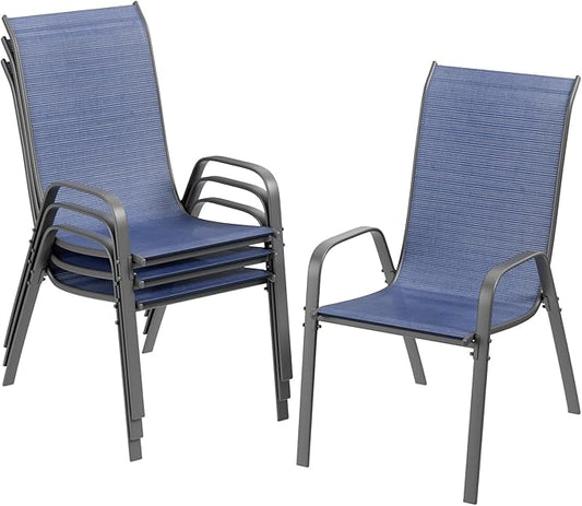 TLSUNNY Patio Chairs, Stackable Textilene Outdoor Dining Furniture for All Weather, with 17.7″ Wide Seat & Metal Frame, for Garden, Backyard, Deck, Restaurant, Poolside (4, Navy Blue, 26.4″)