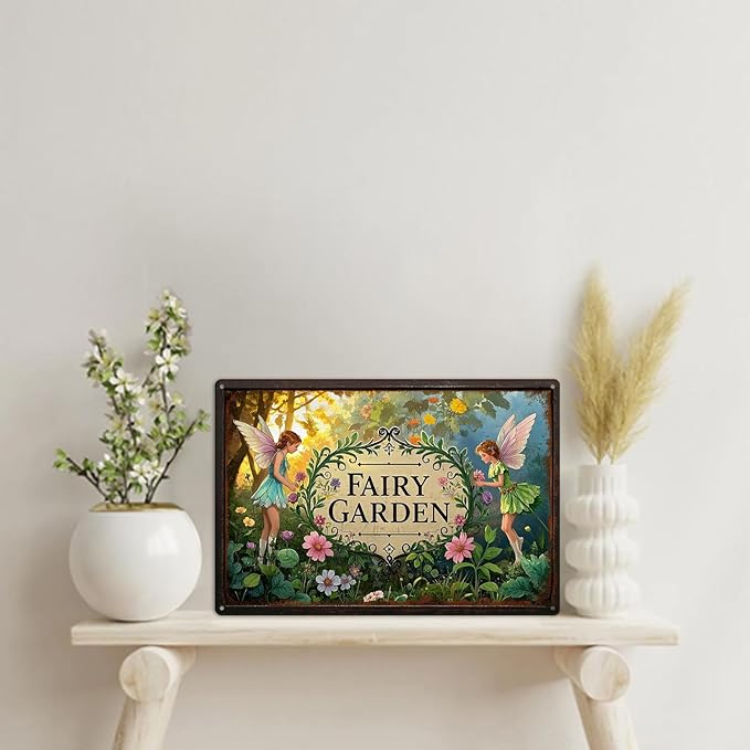 Gardening Gifts Vintage Garden Mental Tin Signs " FAIRY GARDEN" Retro Fairies Plants Picture for Home Garden Greenhouse Yard Decor (8x12 Inch)