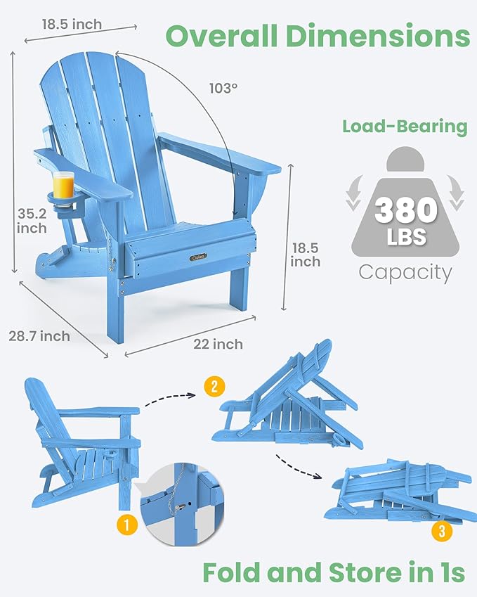 Ciokea Folding Adirondack Chair Wood Texture, Patio Adirondack Chair Weather Resistant, Plastic Fire Pit Chair with Cup Holder, Lawn Chair for Outdoor Porch Garden Backyard Deck, Baby Blue