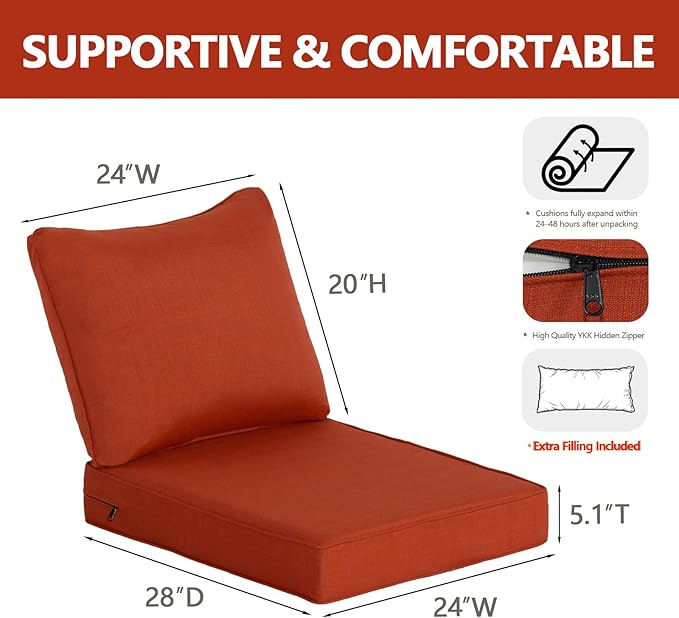 Goodgoods 24 x 28 Outdoor Patio Deep Seat Cushions 2-Pack, 1000+ Hours Fade-Resistant & Water-Resistant Outdoor Furniture Chair Cushions with 30D High-Resilience Foam for Sofa Chair, Quarry Red