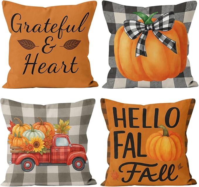 Autumn Harvest Pillow Covers 18x18 inch Set of 4, Pumpkin Truck Buffalo Plaid Fall Art Throw Pillow Covers Farmhouse Cushion Case Decor for Sofa Couch