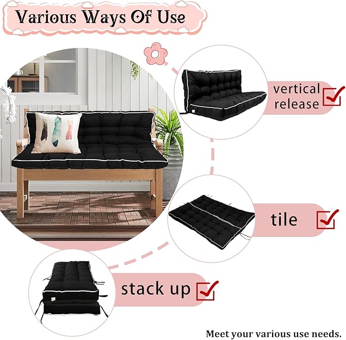 2-3 Seat Swing Replacement Cushion, Outdoor Bench Cushions with Backrest Thicken 4", Patio Furniture Garden Porch Loveseat Glider Pad Anti-Fading Waterproof (Black, 40x70in-thicken)