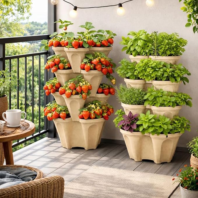 Vertical Garden Planter 4 Tier Stackable System 16 Plants, Space Saving Herb, Strawberry & Food Crop Planter with Center Support Hole for Indoor Outdoor Gardening (4, Desert Sand, Large)