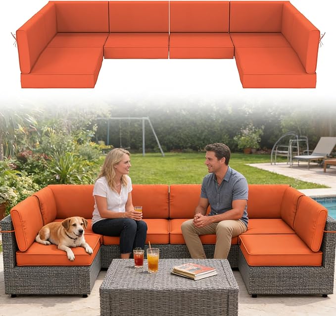 14 Pcs Outdoor Replacement Cushions for Patio Furniture, All Weather Water Resistant Cushion for 6 Seat Rattan Wicker Sectional Patio Conversation Sets and Couch (Orange)