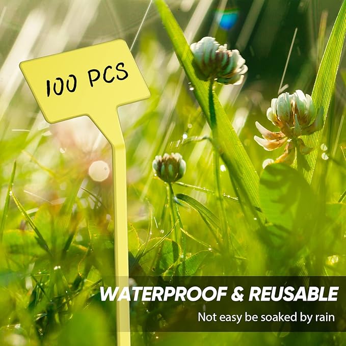 Yinkin 100 Pcs Large Plant Label Signs 11.8 Inch Plant Markers Plastic Garden Label Stakes Waterproof T Type Tags Nursery Garden Signs with Marker Pen for Flower Herb Pot(Yellow)