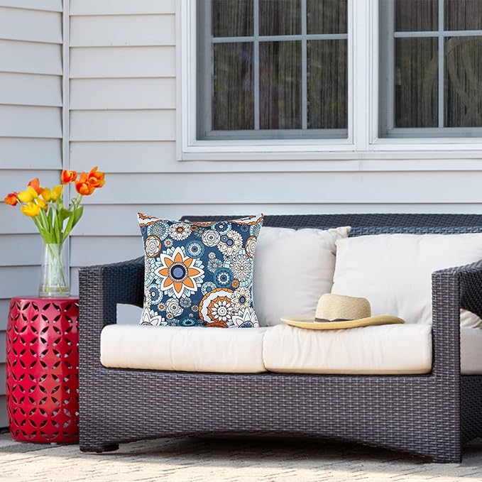JMGBird Outdoor Pillows Set of 2 with Inserts - 18x18 Waterproof Throw Pillows for Patio Furniture, Navy Blue Sunflower Decorative Cushions