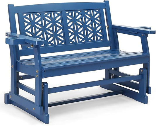 VINGLI Fir Wood Outdoor Glider with Floral Backrest, Wooden Patio Gliding Bench with Cup Holders, Smooth Rocking Chair for Garden, Yard & Porch (Blue, 4FT)