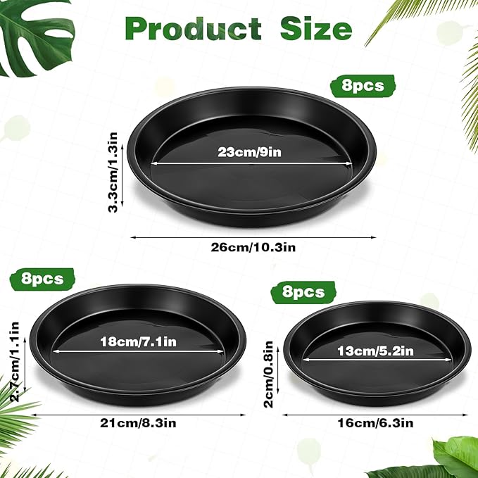24 Pack Plant Saucer Tray, 6 8 10 inch Black Round Plastic Heavy Duty Drainage Drip Water Trays Leak & Mess Protection for Indoor Outdoor Garden Plants