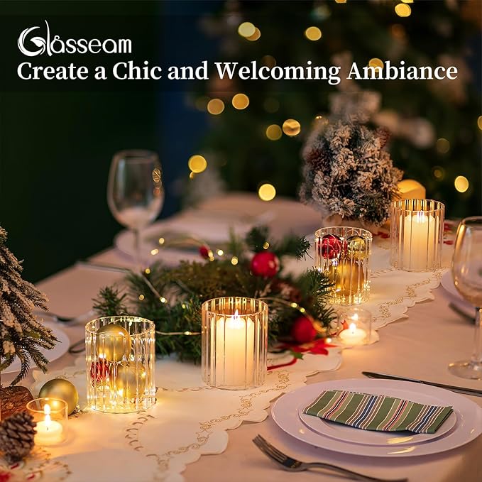 Glasseam Glass Cylinder Vases for Centerpieces: 12pcs Clear Ribbed Flower Vases for Pillar Candle - 4 Inch Modern Hurricane Floating Candle Holder for Wedding Table Centerpieces Living Room Home Decor
