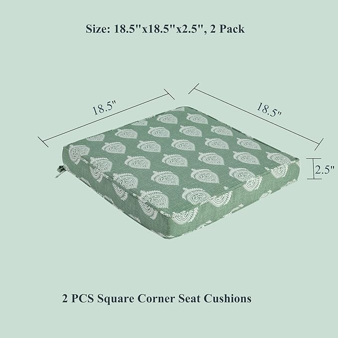 FUNHOME Outdoor Wicker Chair Cushions 18 x 18 x 2.5 Inch, Outdoor Water-Resistant Patio Chair Cushions 2 Packs, Sqaure Chair Pads for Wicker Chair Seat, Fair Green