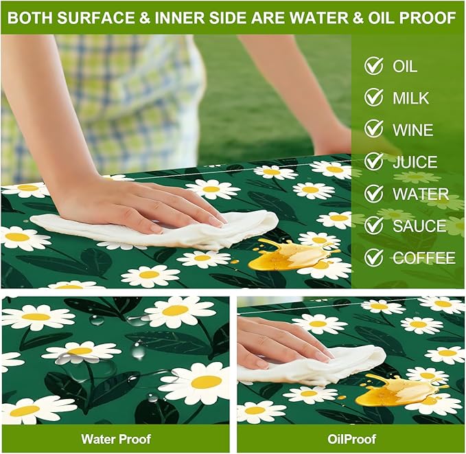 Fresh Floral Picnic Table Cover with Bench Covers Set of 3 - Green Background with White Ditsy Flowers, Elastic Fitted Tablecloth for 6 Ft Tables, Washable Polyester Cover for Garden, Indoor & Outdoor