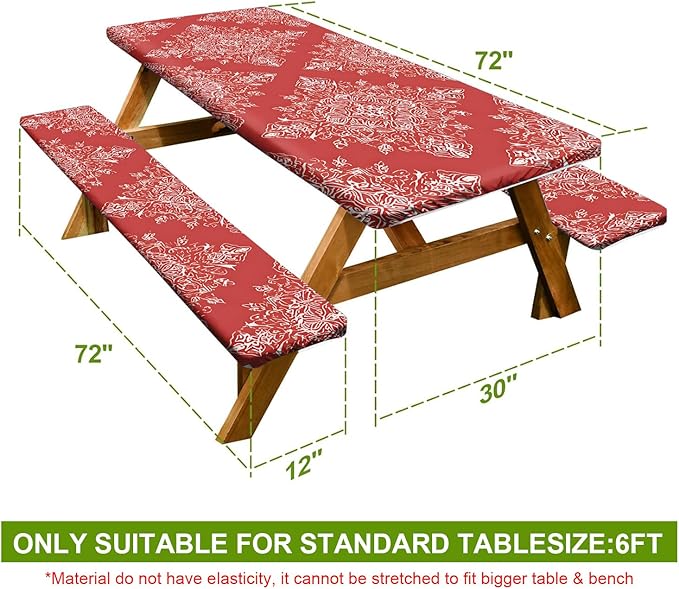 Picnic Table Cover with Bench Covers Set of 3 - Red Ethnic Symmetrical Bohemian Medallion Pattern, Elastic Fitted Tablecloth for 6 Ft Tables, Washable Polyester Cover for Patio, Indoor & Outdoor