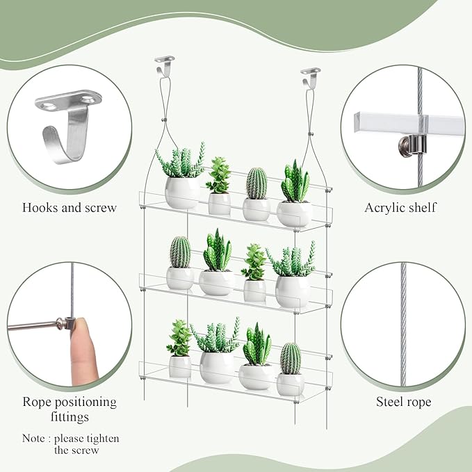 2 Pcs 16 Inch 3 Tier Clear Hanging Window Plant Shelves Acrylic Shelves Hanging Plant Stand Window Hanger Flower Pot Organizer Storage for Indoor Wall Garden Grow Herb