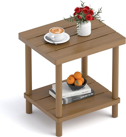 Outdoor Side Table, 2-Tier Small Outdoor Table for Patio, Adirondack Side Tables for Outside or Indoor, Bamboo End Table for Pool, Porch, Weather Resistant Easy Maintenance,Brown
