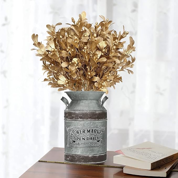 CATTREE Christmas Artificial Flowers, Golden Leaves Branches Plants Fake Berry Plant Decor for Wedding Party Indoor Outdoor DIY Home Office Table Centerpieces Arrangements Decoration - Gold 2 Pack