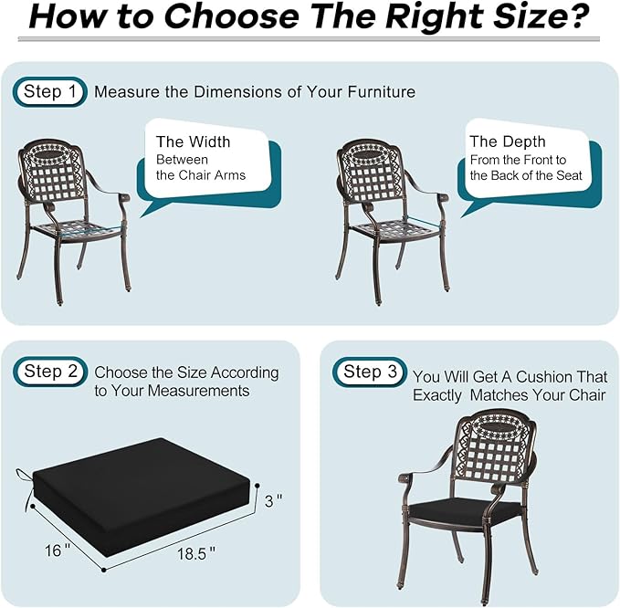 Basic Beyond Outdoor Chair Cushions Set of 4, Square Corner Outdoor Cushions for Patio Furniture, Water Resistant Patio Chair Cushions with 2 Ties, 18.5x16x3, Black
