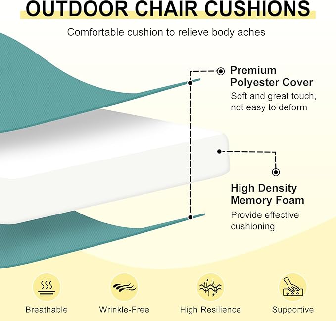 downluxe Outdoor Chair Cushions Set of 6 for Patio Furniture, Water-Resistant Patio Chair Cushions with Ties, High Density Foam Outdoor Seat Cushion, 17" X 16" X 2", Teal