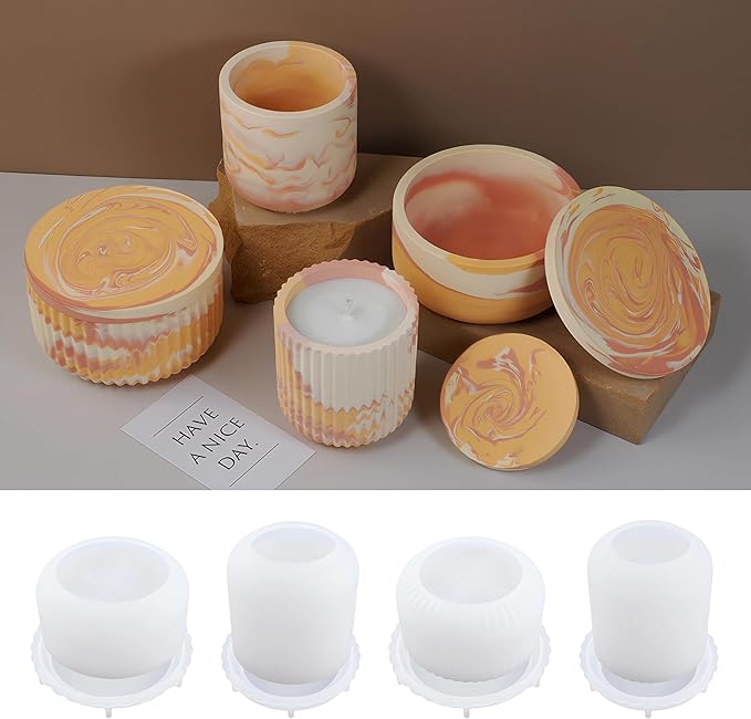 4pcs Cup Shape Candle Jar Silicone Mold with Lid, Handmade Storage Bowl Resin Mould, Flower Pot Vase Concrete, DIY Plaster Cast Cement Rings Jewelry Storage Box Mold
