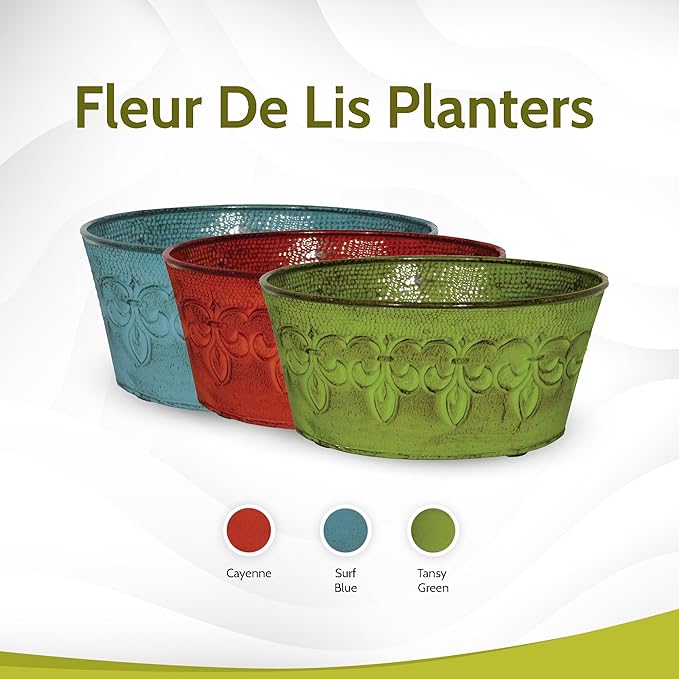 Headwind Ironlite Fleur De Lis Collection – 8" Surf Blue Bowl Decorative Planter with Drain Plug – Lightweight Metal Garden Pots for Indoor & Outdoor Planters Use by Robert Allen