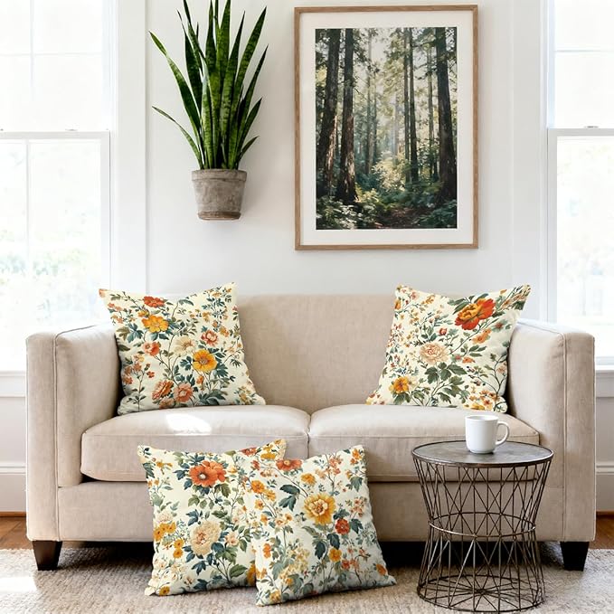 Flower Pillow Covers 18x18 inch Set of 4, Vintage Colorful Botanical Garden Rustic Elegance Throw Pillows Cover Sofa Couch Pillow Cases for Farmhouse Indoor Home Decor Decorations