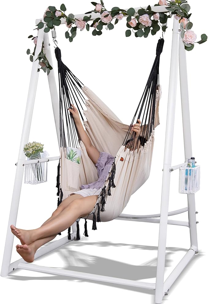 Hammock Chair Hanging Rope Swing & Stand Set with Two Holders, Heavy Duty Hanging Stand with Three Hooks, Multi-Use for Indoor Outdoor Patio Yard Garden(White & Khaki)